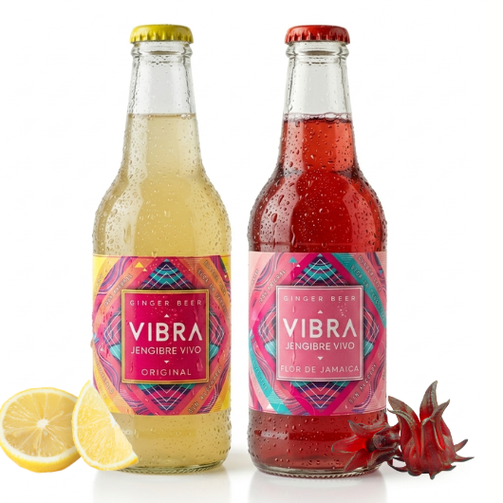 Botellas de Vibra Original y Flor de Jamaica, fermentado vivo de jengibre